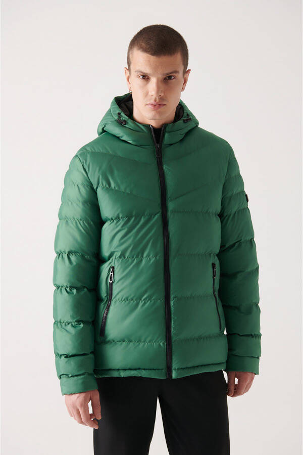 Men's Green Puffer Jacket Water Repellent Windproof Quilted Hooded Comfort Fit E006011 - 9