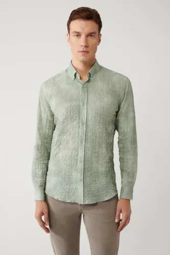 Men's Green Shirt with British Collar Cotton Waffle Regular Fit A41y2157 