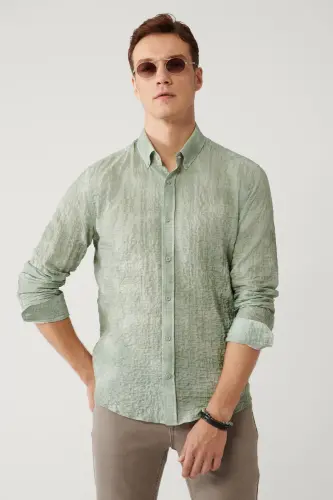 Men's Green Shirt with British Collar Cotton Waffle Regular Fit A41y2157 - 3