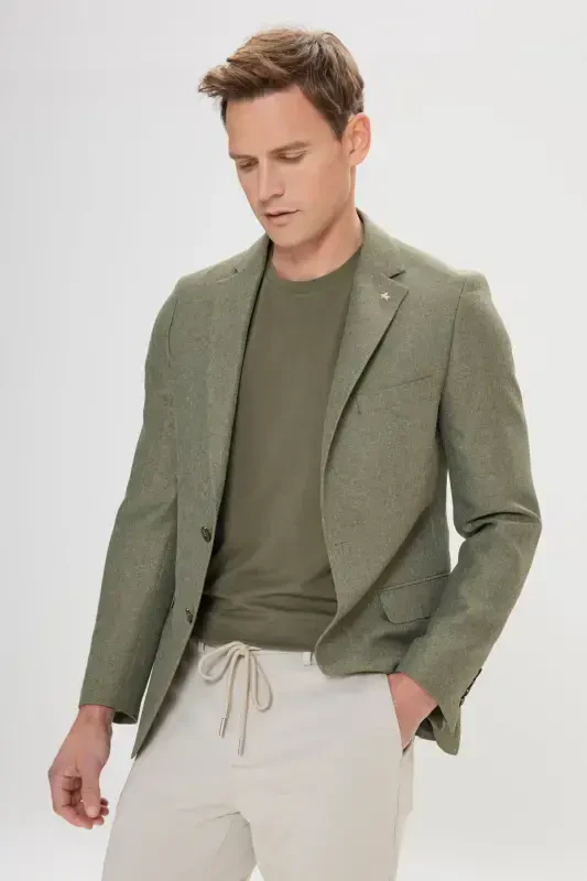 Men's Green Slim Fit Narrow Cut Mono Collar Patterned Blazer Jacket-Green - 3