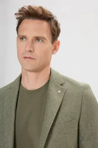 Men's Green Slim Fit Narrow Cut Mono Collar Patterned Blazer Jacket-Green - 4