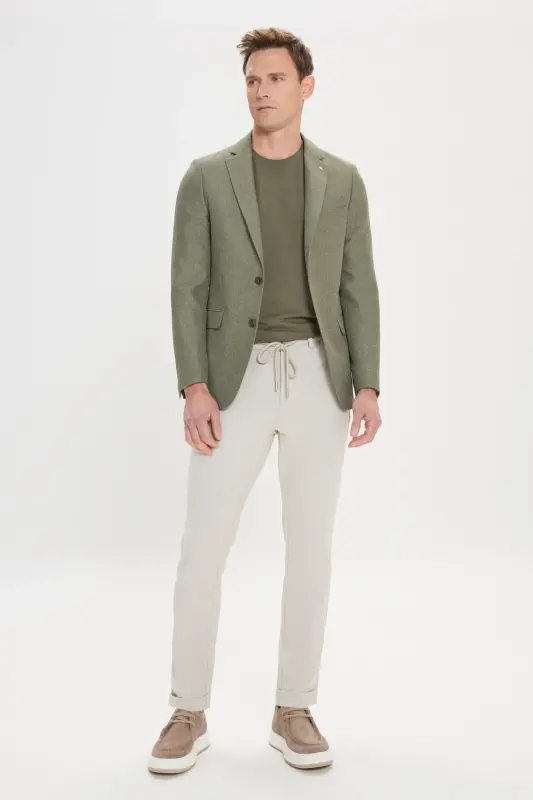 Men's Green Slim Fit Narrow Cut Mono Collar Patterned Blazer Jacket - Green - 2