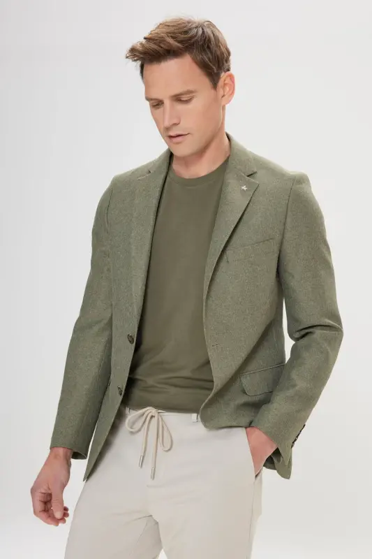 Men's Green Slim Fit Narrow Cut Mono Collar Patterned Blazer Jacket - Green - 3
