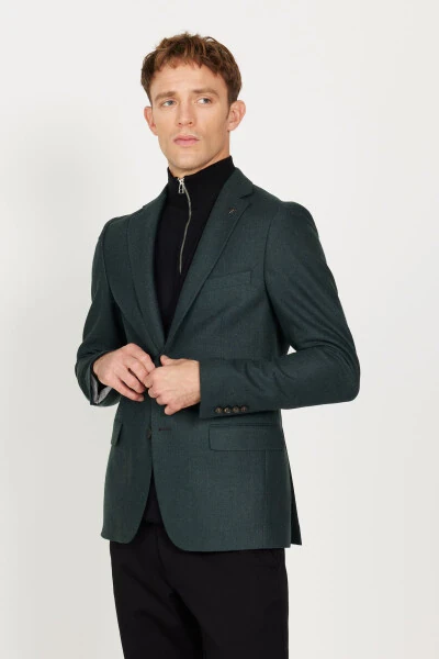 Men's Green Slim Fit Narrow Cut Patterned Wool Blazer Jacket with a Mono Collar - 7
