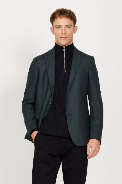 Men's Green Slim Fit Narrow Cut Patterned Wool Blazer Jacket with a Mono Collar - 5