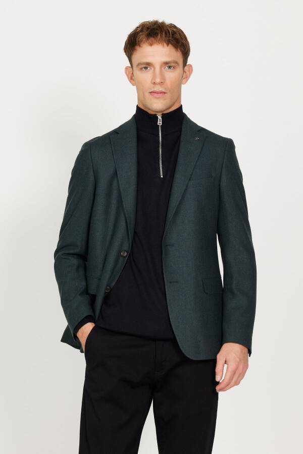 Men's Green Slim Fit Narrow Cut Patterned Wool Blazer Jacket with a Mono Collar - 5