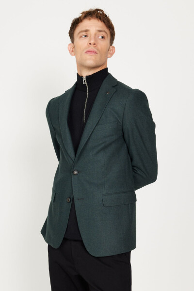 Men's Green Slim Fit Narrow Cut Patterned Wool Blazer Jacket with a Mono Collar - 8