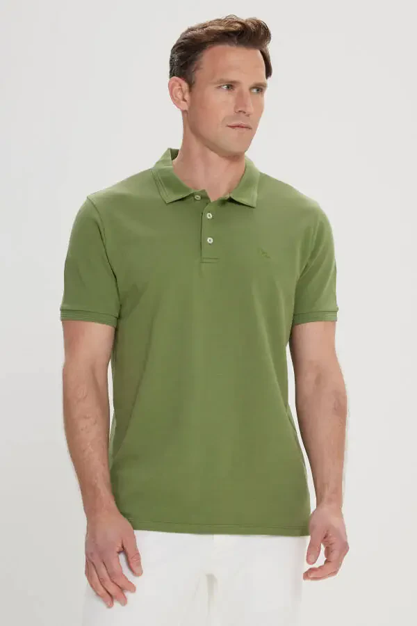 Men's Green Slim Fit Polo Neck 100% Cotton Short Sleeve T-Shirt - 1