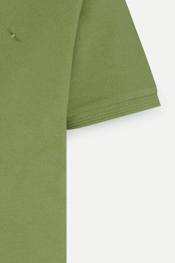 Men's Green Slim Fit Polo Neck 100% Cotton Short Sleeve T-Shirt - 7