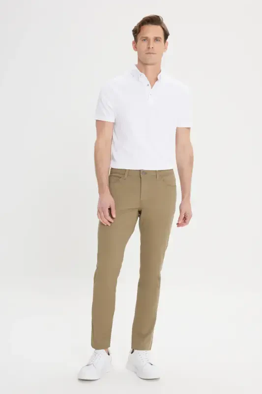 Men's Green Slim Fit Slim Leg 5 Pocket Textured Stretch Trousers - 2