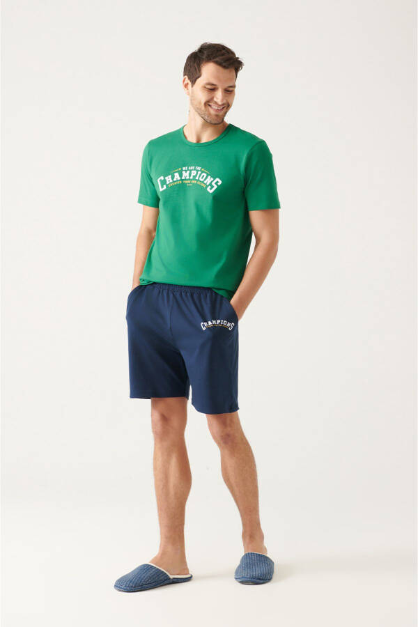 Men's Green Special Boxed Pajama Set with Bike Neck, 100% Cotton, Short Sleeve, Shorts E003301 - 16