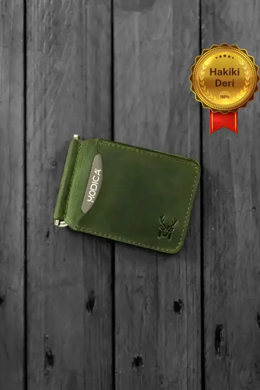 Men's Green Wallet Cardholder Natural Money Clip Gift Box Genuine Leather Wallet Cardholder | Larga-Green - MODICA