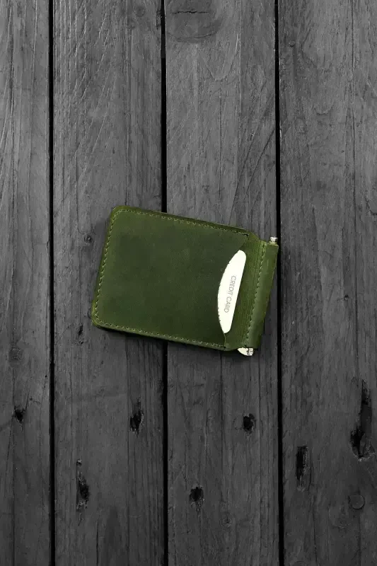 Men's Green Wallet Cardholder Natural Money Clip Gift Box Genuine Leather Wallet Cardholder | Larga-Green - 2