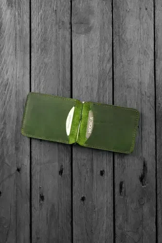 Men's Green Wallet Cardholder Natural Money Clip Gift Box Genuine Leather Wallet Cardholder | Larga-Green - 4