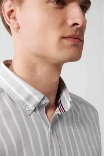 Men's Grey 100% Cotton Oxford Striped Shirt A31y2055-Grey - AVVA (1)