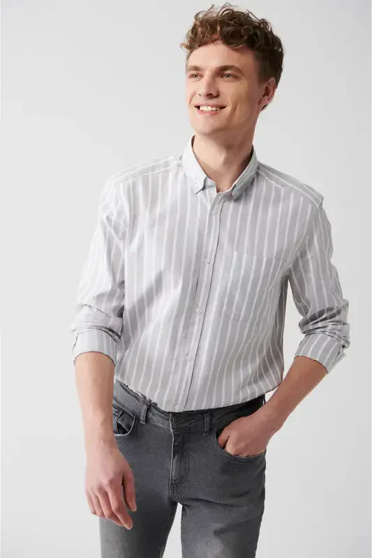 Men's Grey 100% Cotton Oxford Striped Shirt A31y2055-Grey - 3