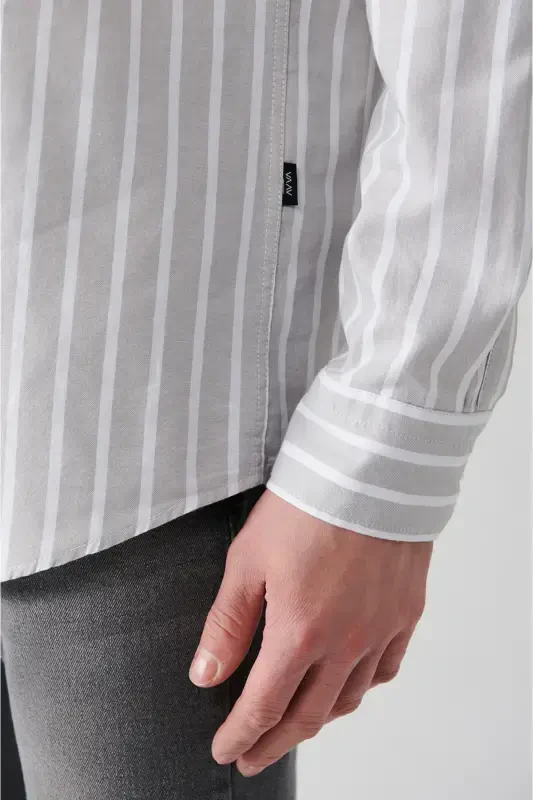 Men's Grey 100% Cotton Oxford Striped Shirt A31y2055-Grey - 5