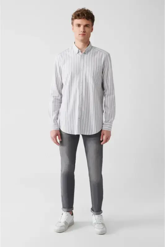 Men's Grey 100% Cotton Oxford Striped Shirt A31y2055-Grey - 6