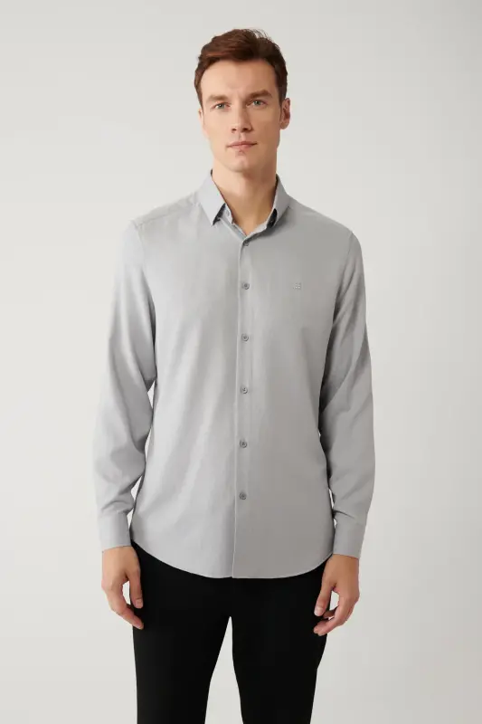 Men's Grey Button-Down Brit Collar Easy Iron Shirt A41y2043-Grey - AVVA