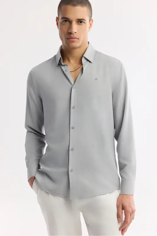 Men's Grey Button-Down British Collar Viscose Blend Jacquard - 5