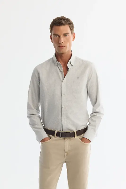 Men's Grey Button-Down Collar 100% Cotton Flannel Shirt A4 - AVVA