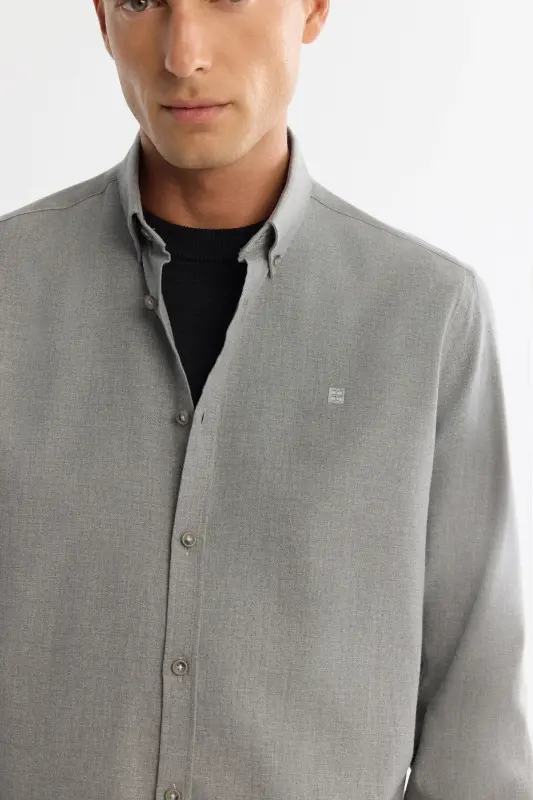 Men's Grey Button-Down Collar 100% Cotton Shirt B002033-Grey - 2