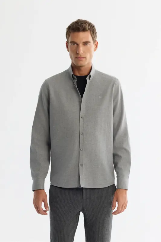 Men's Grey Button-Down Collar 100% Cotton Shirt B002033-Grey - AVVA