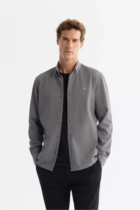 Men's Grey Button-Down Collar Easy Iron Striped - 1