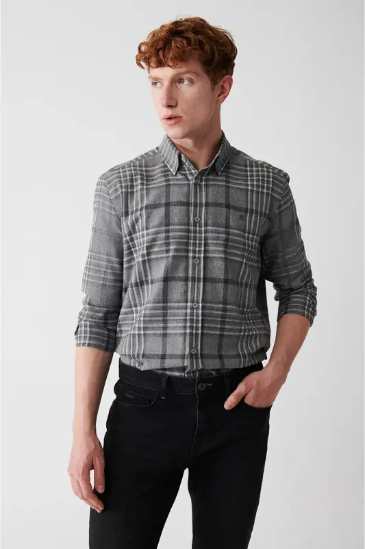 Men's Grey Button-Down Collar Plaid Flannel Comfort Fit Shirt A32y2062 - AVVA