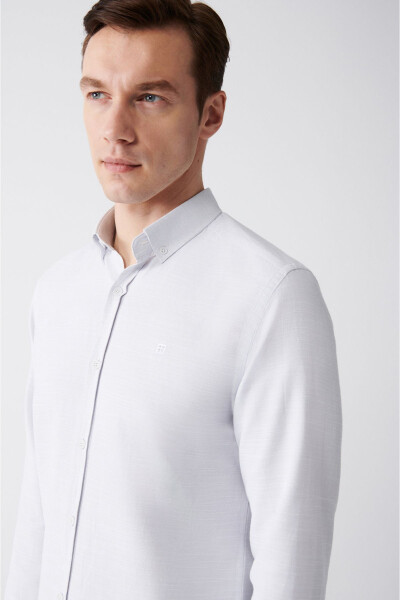 Men's Grey Button-Down Collar Soft Flamed Cotton Slim Fit Narrow Cut Shirt A31y2015 - AVVA (1)