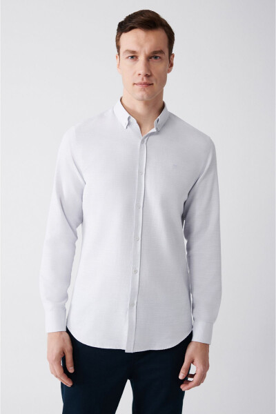 Men's Grey Button-Down Collar Soft Flamed Cotton Slim Fit Narrow Cut Shirt A31y2015 - AVVA