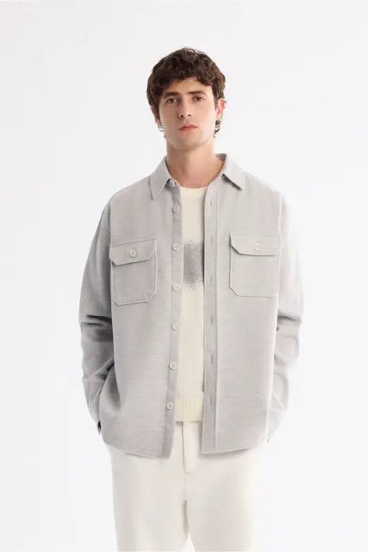 Men's Grey Classic Collar Wool Blend Buttoned Shirt Jacket A4 - 1