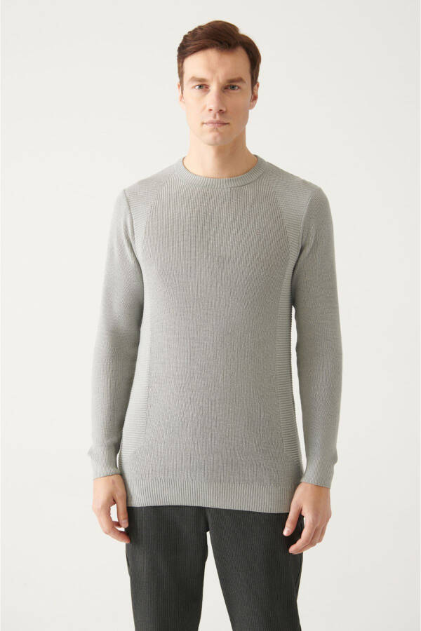 Men's Grey Crew Neck Jacquard Slim Fit Sweater - 5