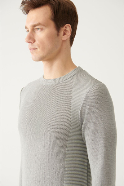 Men's Grey Crew Neck Jacquard Slim Fit Sweater - 6