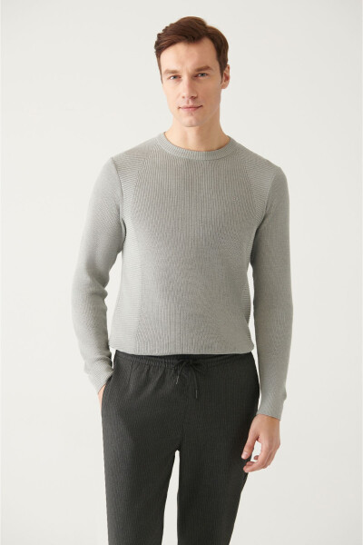 Men's Grey Crew Neck Jacquard Slim Fit Sweater - 7