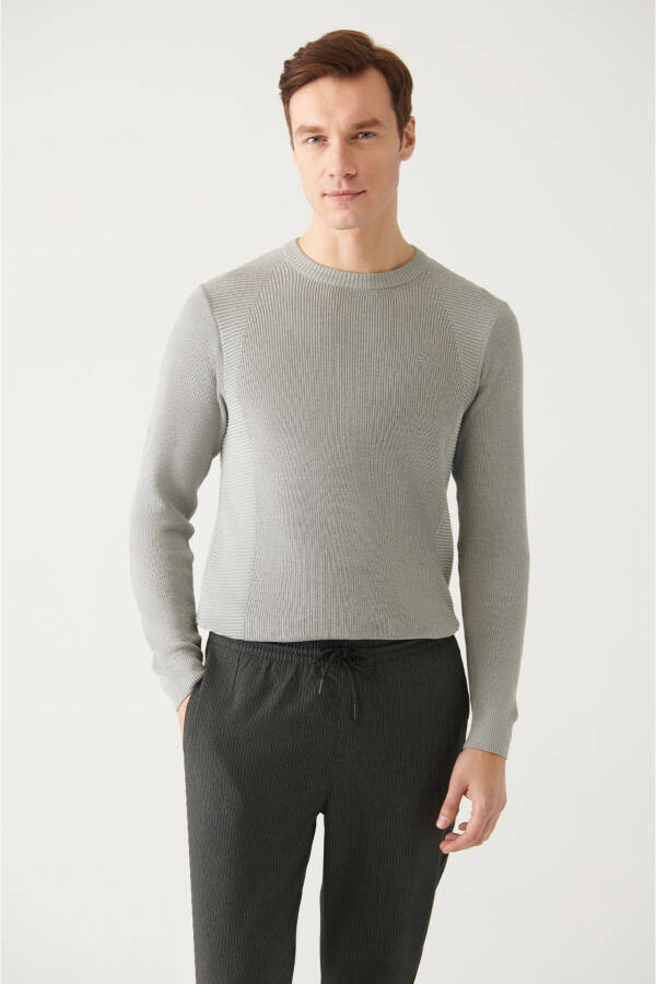 Men's Grey Crew Neck Jacquard Slim Fit Sweater - 7