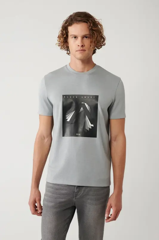 Men's Grey Crew Neck Printed Interlock Regular Fit T-shirt A41y1008 - AVVA
