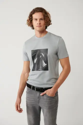 Men's Grey Crew Neck Printed Interlock Regular Fit T-shirt A41y1008 - 5