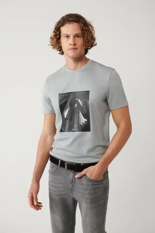 Men's Grey Crew Neck Printed Interlock Regular Fit T-shirt A41y1008 - 5