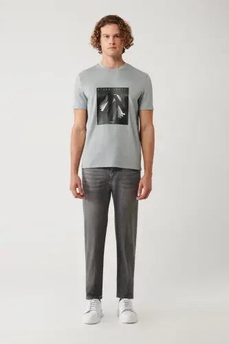 Men's Grey Crew Neck Printed Interlock Regular Fit T-shirt A41y1008 - 6