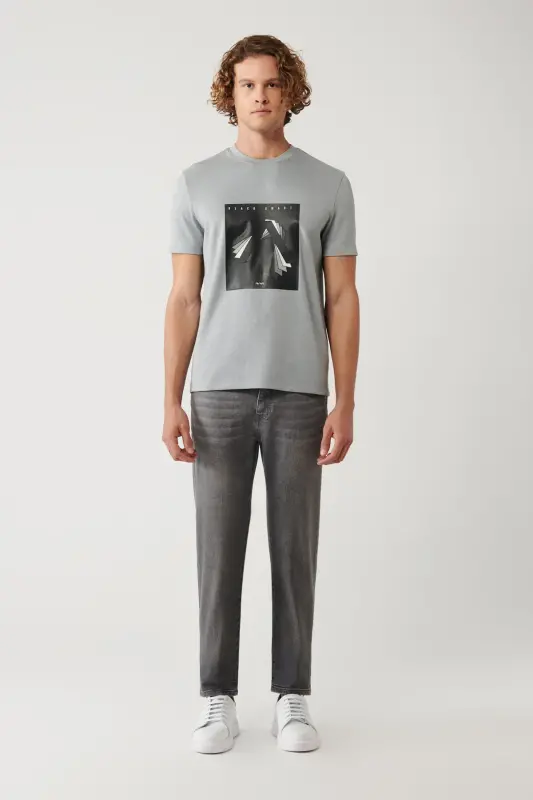 Men's Grey Crew Neck Printed Interlock Regular Fit T-shirt A41y1008 - 6