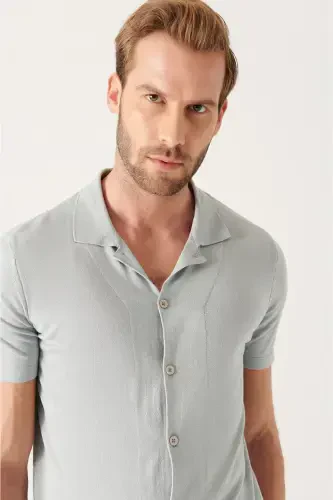 Men's Grey Cuban Collar Buttoned Regular Fit Knit T-shirt B005008 - AVVA (1)