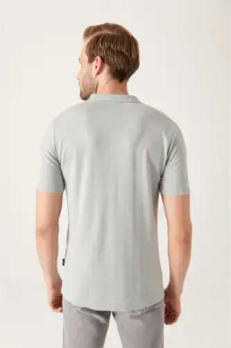 Men's Grey Cuban Collar Buttoned Regular Fit Knit T-shirt B005008 - 4