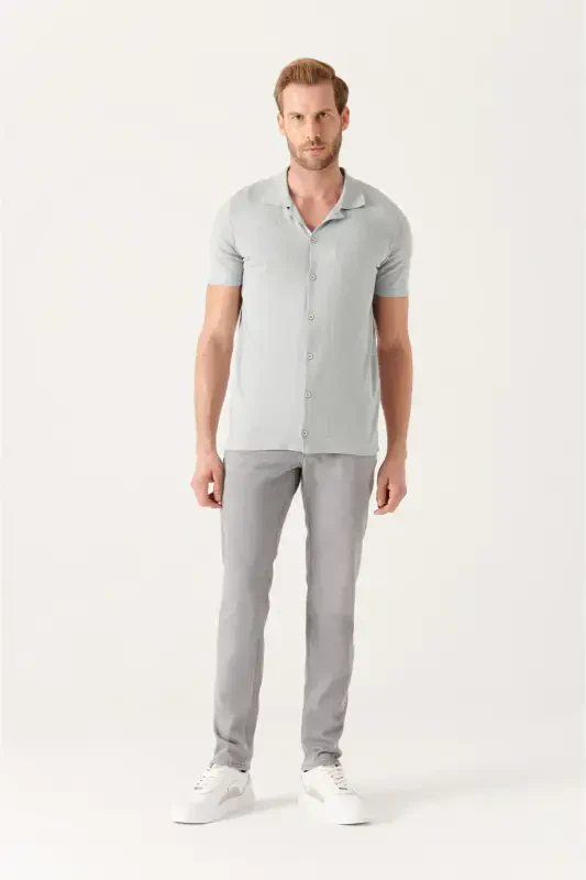 Men's Grey Cuban Collar Buttoned Regular Fit Knit T-shirt B005008 - 5