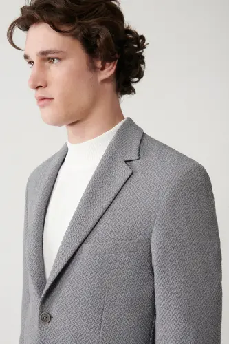 Men's grey jacket, single breasted, 360 degree stretch, double vent, unlined, slim fit. - AVVA (1)