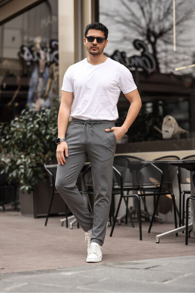 Men's Grey Jogger Slim Fit Stretch Lycra Elastic Waistband Pants - 3