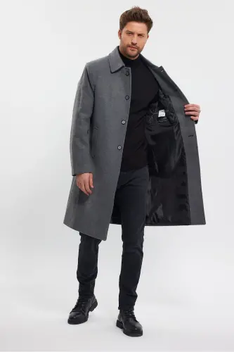 Men's Grey Long Regular Fit Wool Coat-GRAY - TREND KOMBİN (1)