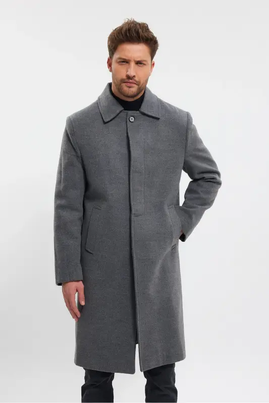 Men's Grey Long Regular Fit Wool Coat-GRAY - 5