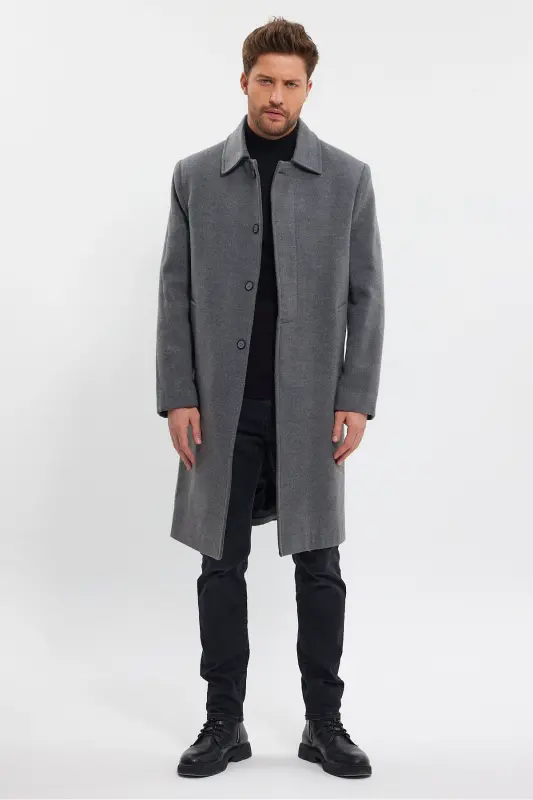 Men's Grey Long Regular Fit Wool Coat-GRAY - 2