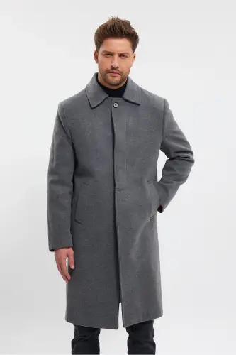 Men's Grey Long Regular Fit Wool Coat-GRAY - 6